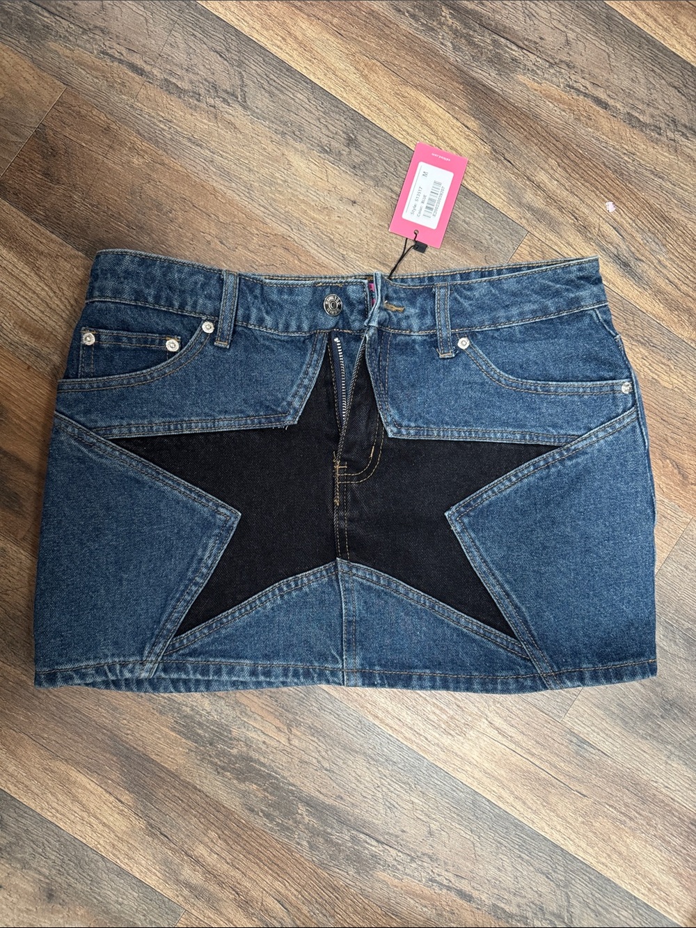 Edikted Blue Denim Mini Skirt with Black Star Panel